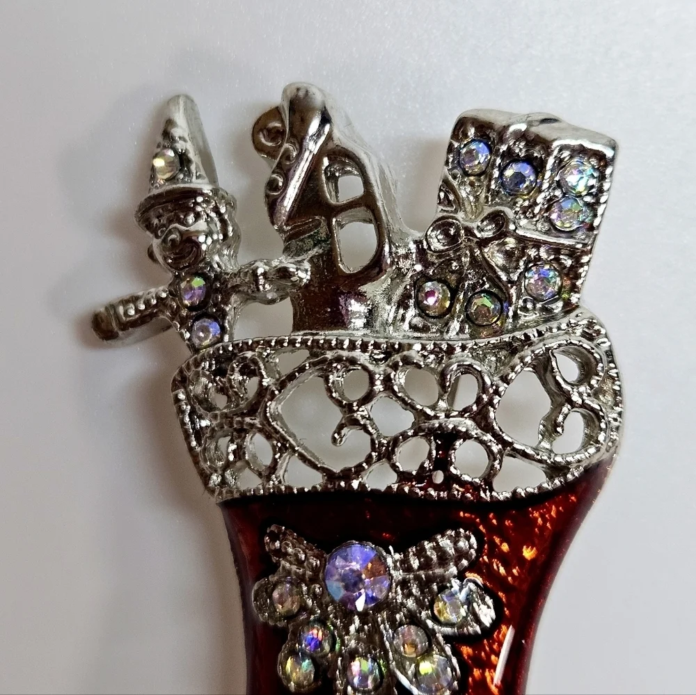 VINTAGE Red Enamel Ornate Silver Tone Christmas Stocking Toys Brooch Pin
